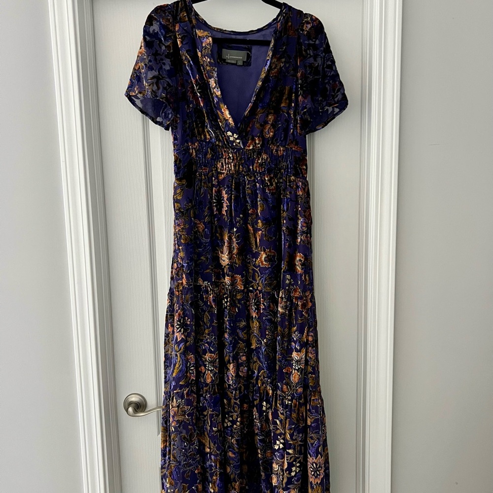 Anthropologie Navy and Gold Floral Maxi Dress